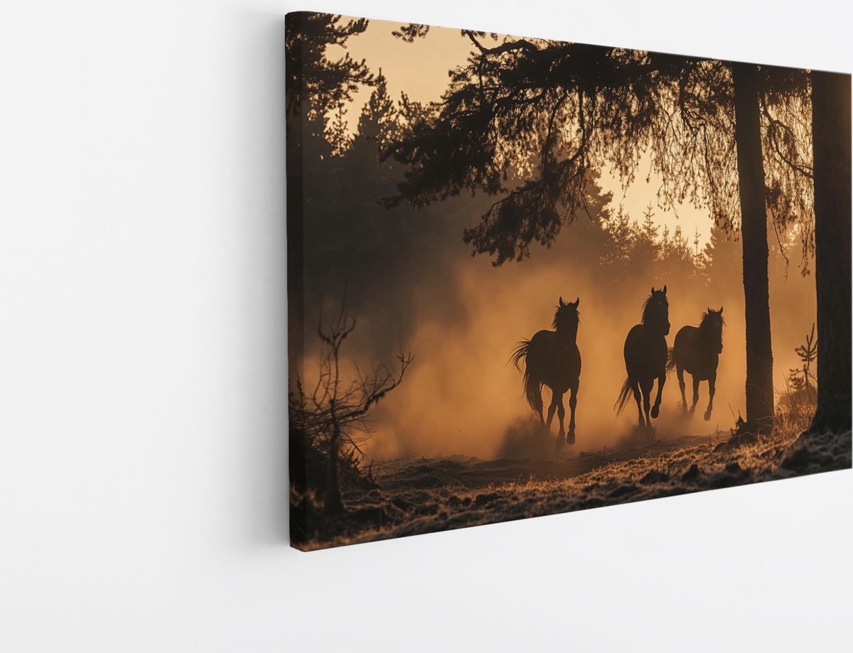 Saammp Canvas Schilderij - Stofwolken door rennende Paarden - Natuur - Dieren - 50x40 - Foto op canvas - Wanddecoratie - Muurdecoratie Woonkamer - Slaapkamer decoratie - Canvas Print Multicolor