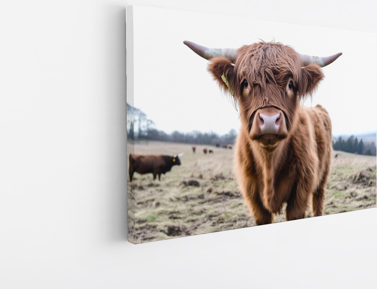 Saammp Canvas Schilderij Schotse Hooglander Koe op de heuvels - Dieren - Natuur - 45x30 - Foto op canvas - Wanddecoratie - muurdecoratie Woonkamer - Slaapkamer decoratie - Canvas Print Multicolor