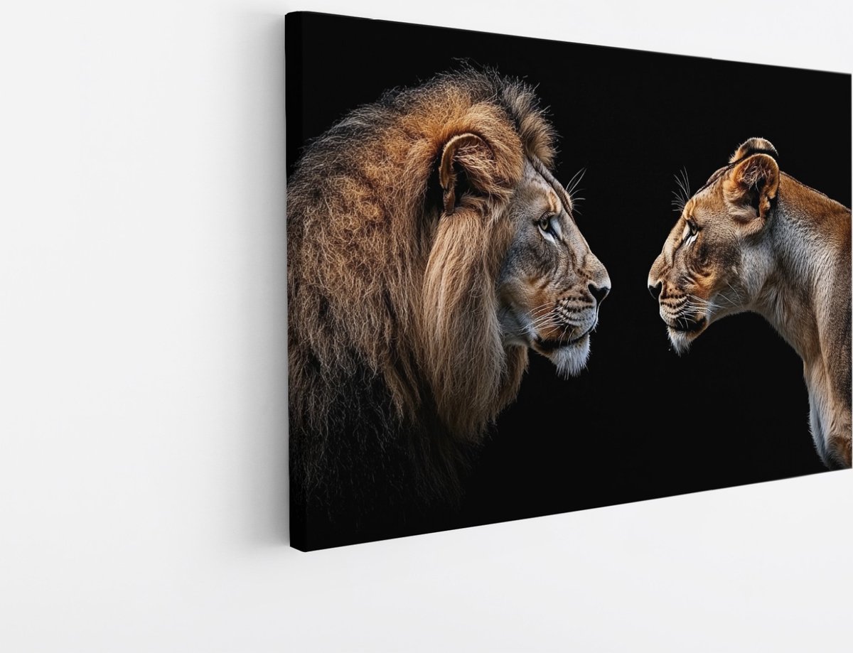 Saammp Canvas Schilderij - Leeuw en leeuwin kijken naar elkaar - Dieren - Abstract - 150x100 - Foto op canvas - Wanddecoratie - Muurdecoratie Woonkamer - Slaapkamer decoratie - Canvas Print Multicolor