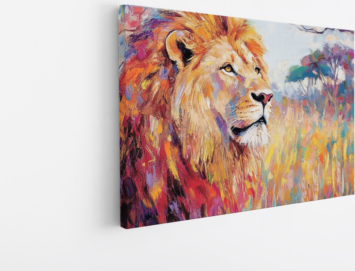 Saammp Canvas Schilderij - Abstracte Leeuw - Kleurrijk - Olieverf - Dieren - Natuur - 150x100 - Foto op canvas - Wanddecoratie - Muurdecoratie Woonkamer - Slaapkamer decoratie - Canvas Print Multicolor