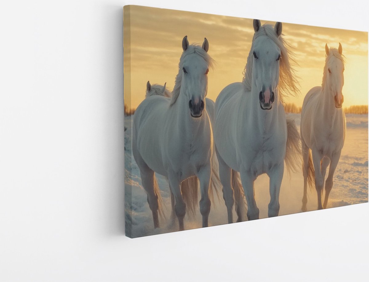 Saammp Canvas Schilderij - paarden in de sneeuw met zonsopgang - Dieren - Natuur - 90x60 - Foto op canvas - Wanddecoratie - muurdecoratie Woonkamer - Slaapkamer decoratie - Canvas Print Multicolor