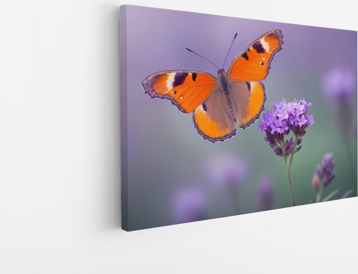 Saammp Canvas Schilderij -Vlinder op paarse bloem - Dieren - Natuur - 90x60 - Foto op canvas - Wanddecoratie - muurdecoratie Woonkamer - Slaapkamer decoratie - Canvas Print Multicolor