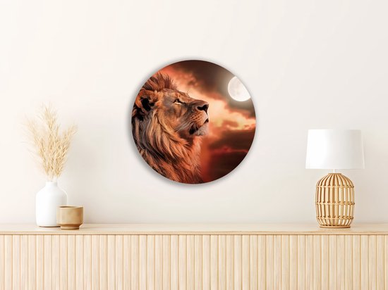 Saammp Forex Muurcirkel - Leeuw met de maan - Dieren - Natuur - Ø 90 - Wandcirkel - Wanddecoratie Cirkel - Muurdecoratie Woonkamer - Slaapkamer decoratie - Rond Schilderij