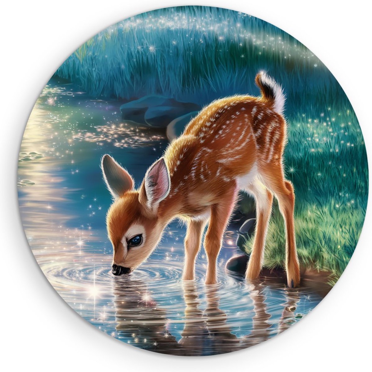 Saammp Muurcirkel Hout - Drinkend hertje - Abstract - Natuur - Dieren - Ø 50 - Wandcirkel - Wanddecoratie Cirkel - Muurdecoratie Woonkamer - Slaapkamer decoratie - Rond Schilderij