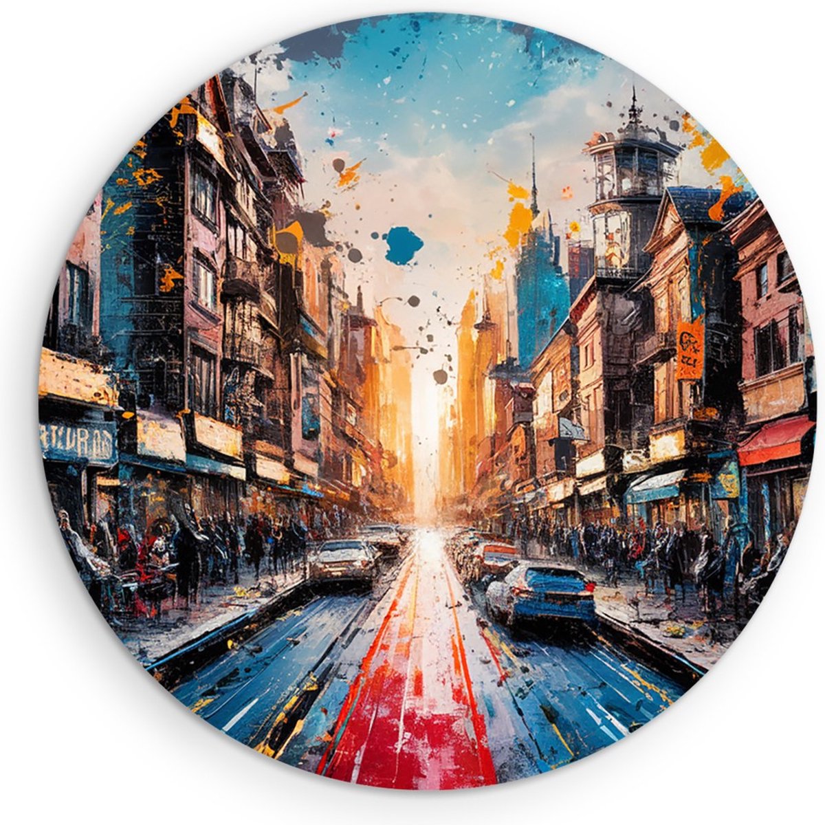 Saammp Muurcirkel Hout - stad met autos - Abstract - Ø 30 - Wandcirkel - Wanddecoratie Cirkel - Muurdecoratie Woonkamer - Slaapkamer decoratie - Rond Schilderij