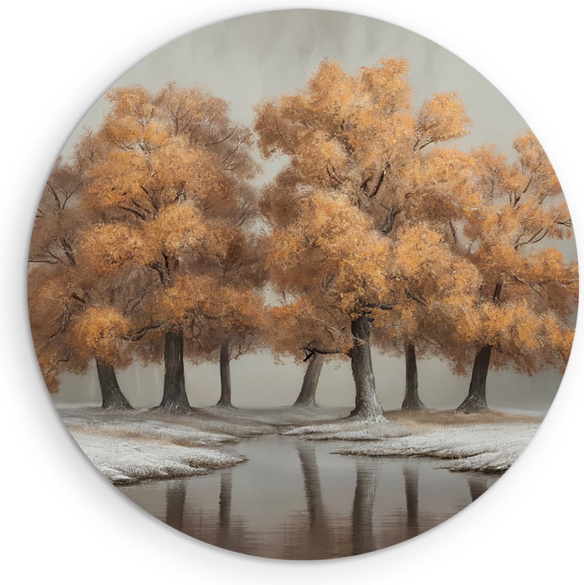 Saammp Muurcirkel Hout - Oranje bomen - Natuur - Wit Landschap - Abstract - Ø 40 - Wandcirkel - Wanddecoratie Cirkel - Muurdecoratie Woonkamer - Slaapkamer decoratie - Rond Schilderij