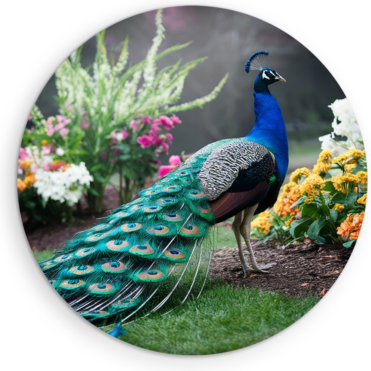 Saammp Muurcirkel Hout - Pauw in bloementuin - Dieren - Natuur - Ø 30 - Wandcirkel - Wanddecoratie Cirkel - muurdecoratie Woonkamer - Slaapkamer decoratie - Rond Schilderij