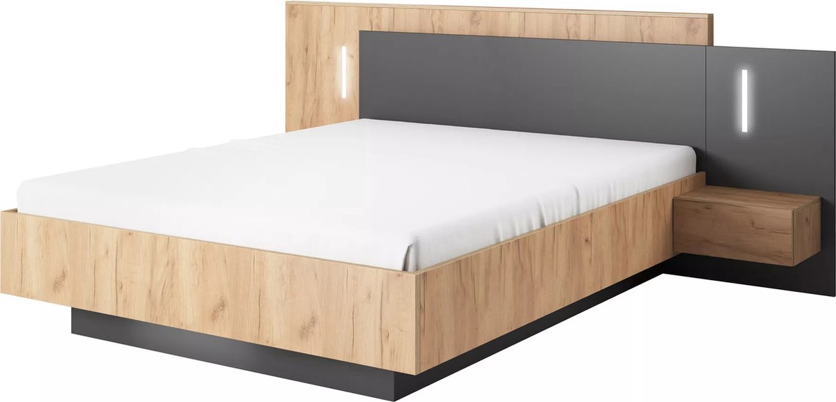 Vente-unique Bedframe hout antracietgrijs, natuurlijk licht 140 x 190 cm
