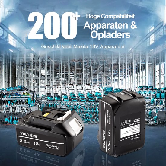 Twee zwarte VOLTIÈRE 18V 5.0AH Lithium Ion accu's voor apparaten.