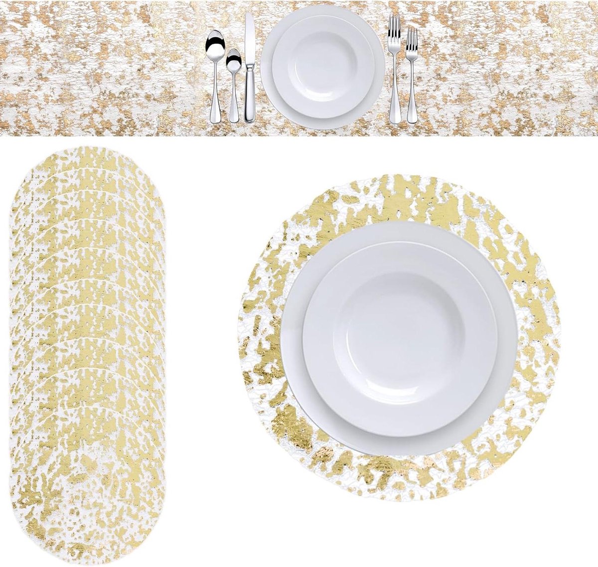 Image of 11 stuks wegwerp gouden placemats set voor eetkamer - Maaltijdmat met goudfolie rooster, pailletten en glitter - Metallic goud tafelloper - Dunne mesh tafeldecoratie