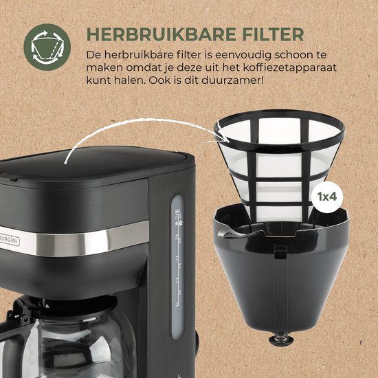 Cafetière Bourgini Elements – 1,5 L (10 à 12 tasses) – Plaque chauffante – Arrêt automatique – Lavable au lave-vaisselle – 50 % de matériaux recyclés (certifié GRS)