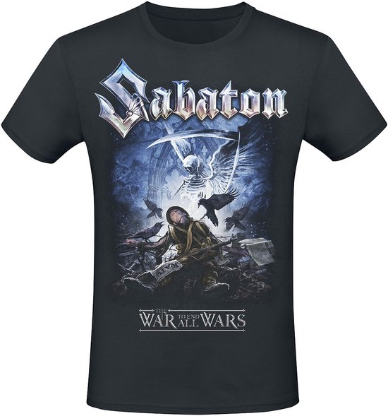 Zwart t-shirt met "Sabaton The War To End All Wars" artwork: skelet, soldaat, kraaien.