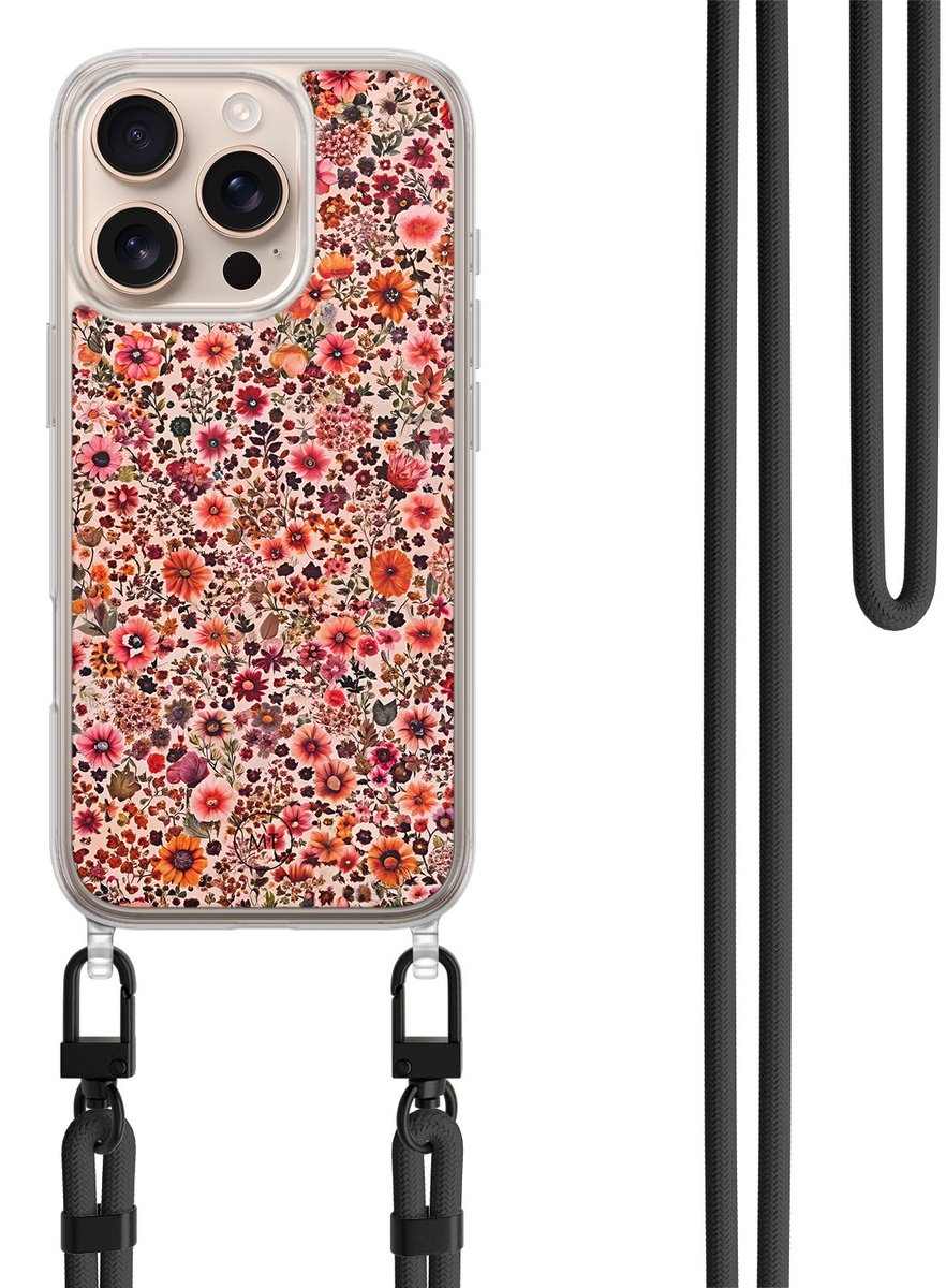 Hoesje met koord geschikt voor iPhone 16 Pro - Vintage floral - Inclusief zwart koord - Crossbody beschermhoes - Transparant, Roze - Mooie Telefoonhoesjes