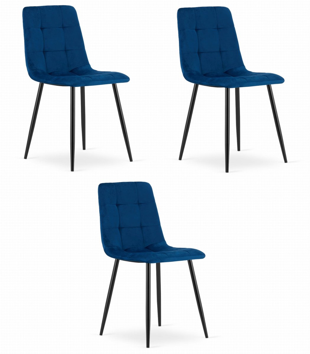 LEOBERT Set van 3 Eetkamerstoelen KARA Donkerblauw – Velvet Bekleding, Zwarte Metalen Poten, Modern, Ergonomisch Design, Max. 120 kg