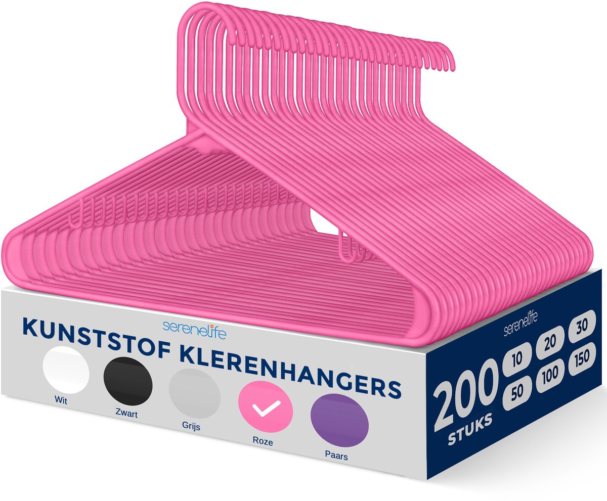 SereneLife Kleerhanger - Plastic Hangers - Antislip Ruimtebesparende Kledinghangers - 200 Stuks - Duurzaam en Sterk voor Hemden, Truien, Hoodies, Kinderkleding en Jurken - Lichtgewicht - Roze