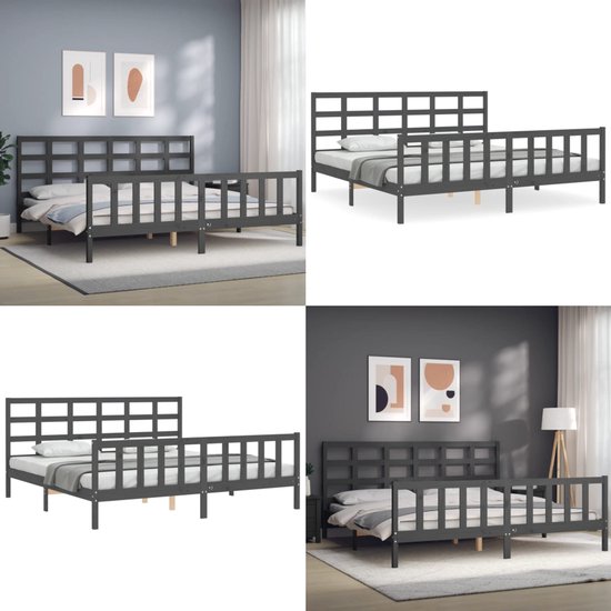 vidaXL Bedframe met hoofdbord massief hout grijs 200x200 cm - Bedframe - Bedframes - Bed - Tweepersoonsbed