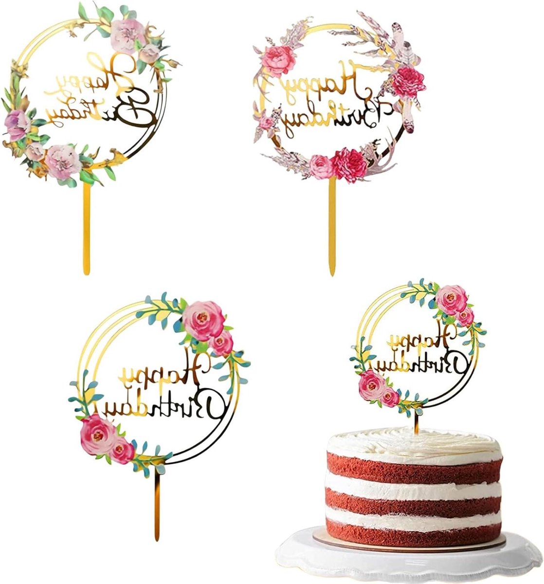 Image of "3 stuks bloemen taarttoppers - Happy Birthday decoratie set" - Geschikt voor alle soorten verjaardagsfeestjes en bruidstaarten