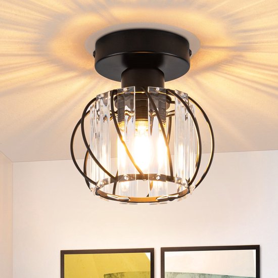 NETTLIFE Plafondlamp - Zwart - E27 Fitting - Moderne Plafond Armatuur - Metaal en kristal - Draaibaar ontwerp - Ganglamp - voor Woonkamer | Keuken | Balkon - Zonder lamp - 15cm - Sfeervolle Binnenverlichting