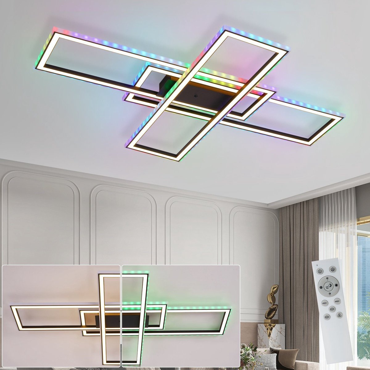 NETTLIFE LED Plafondlamp - Zwart - modern - RGB kleurverandering - dimbaar met afstandsbediening - 3xRechthoekig ontwerp - slaapkamerlamp 50W - voor woonkamer | keuken | hal eetkamer