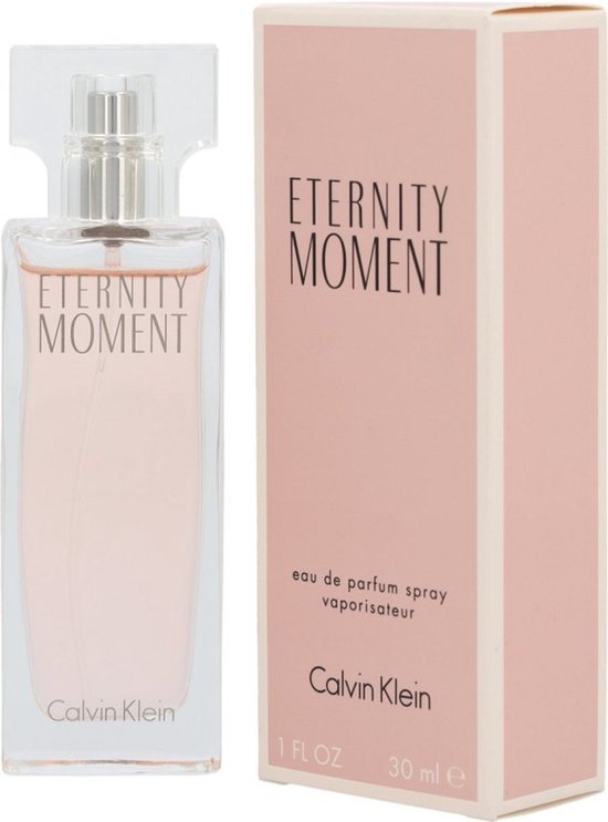 Calvin Klein Eternity Moment Eau de Parfum vaporisateur 30 ml dans une boîte rose pâle avec flacon.