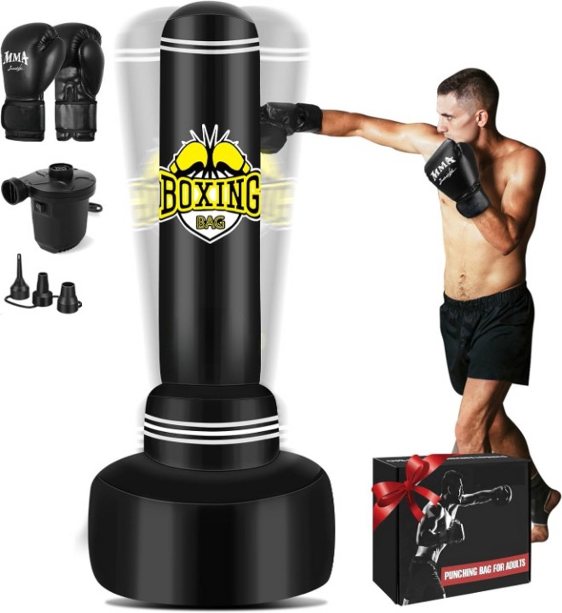 Bokszak - Bokszak Staand Volwassen - Vrijstaande Bokszak - Inclusief Bokshandschoenen en Elektrische Luchtpomp - Vrouwen - Mannen - Stand Kickboksen Zakken - voor Training - MMA - Muay Thai - Fitness Beginners - 180cm - Zwart en Geel