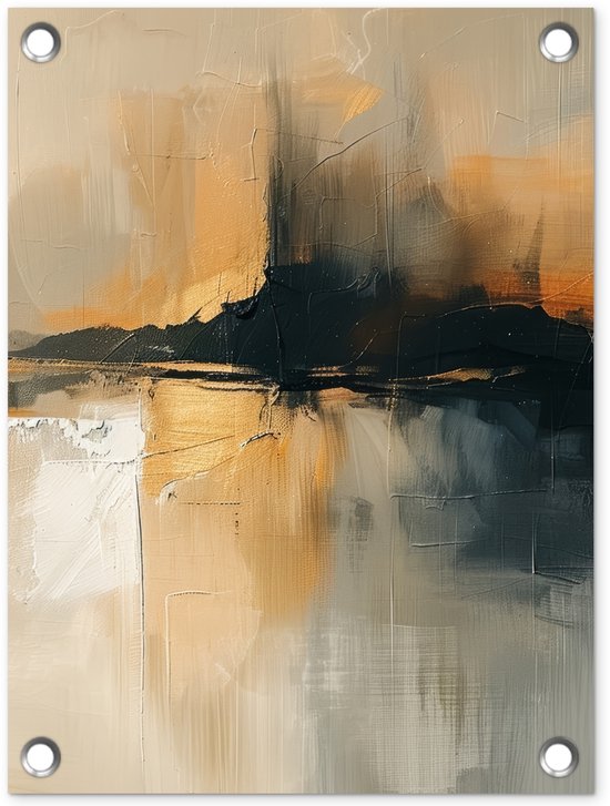 Abstracte tuinposter met gouden, zwarte en grijze penseelstreken en vier metalen ogen op de hoeken.