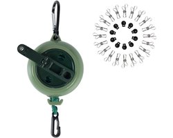 Uittrekbare waslijn - 1 Stuk- Extra lang 10m touw - Draagbare reiswaslijn - Sterke waslijn - Onzichtbare waslijn - Met 20 wasknijpers + 10 stoppers + 1 opbergtas - Met praktische zwengel - Ideaal voor kamperen en reizen - groen - 20*10*4.5cm