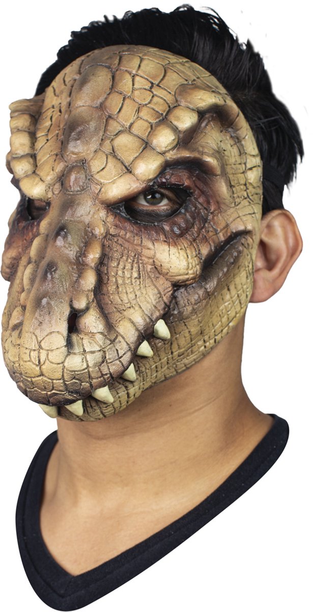 Partychimp Verkleedmasker T-rex Dinosaurus Halloween Masker voor bij Halloween Kostuum Volwassenen - Latex - Bruin - One-size