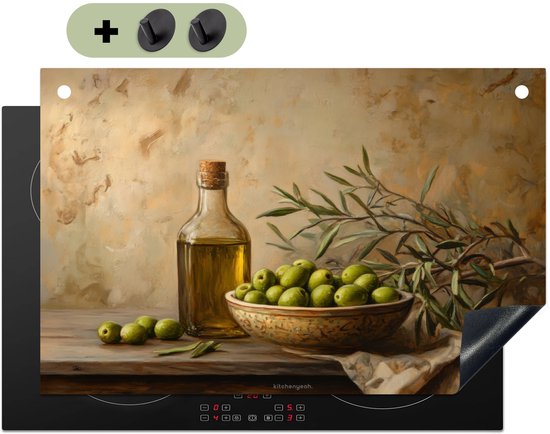 KitchenYeah® Inductie beschermer 90x60 cm - Olijven - Stilleven - Vintage - Kookplaataccessoires - Afdekplaat voor kookplaat & Spatscherm achterwand - Inductiebeschermer - Inductiemat - Inductieplaat mat - Keuken decoratie