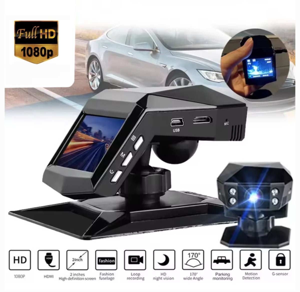 Gabrys® Dashcam voor auto - 4K HD - 1080P - 2" HD scherm - Looprecording - Full HD - Emergency - noodgeval - Nachtzicht - Incl 32GB SD-kaart – foto 2