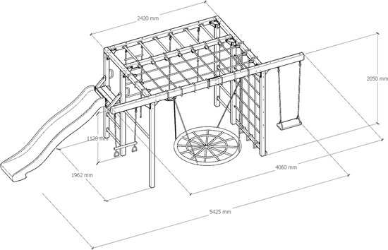 Technische tekening van een houten speeltoestel met afmetingen, inclusief glijbaan, schommel, nestschommel en klimnet.