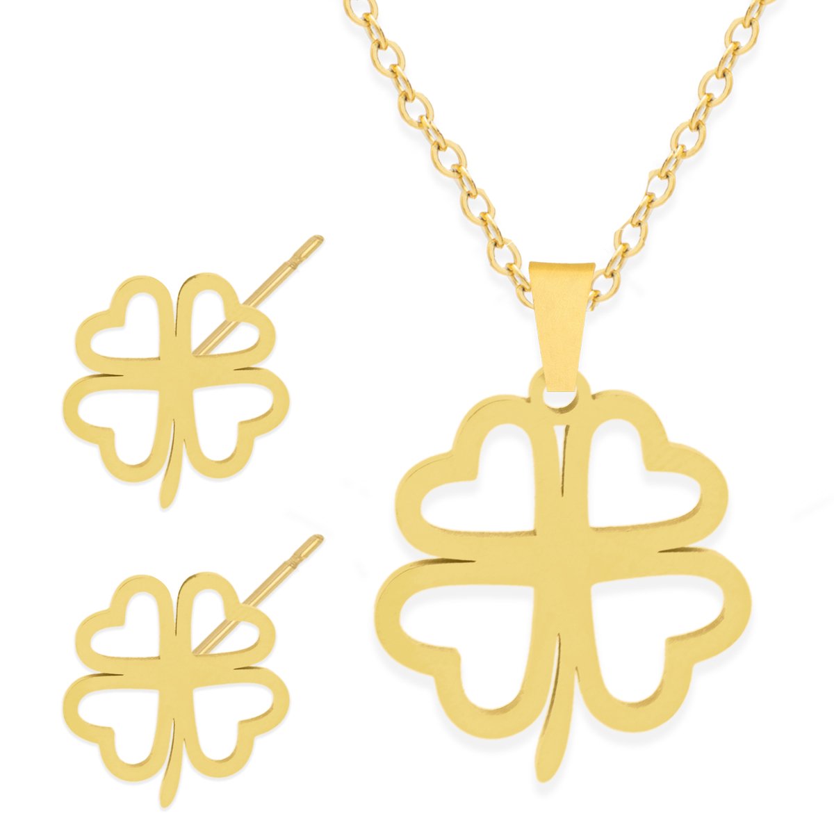 Cadeau Ketting & Oorbellen set met Klavertje Vier - Roestvrij Staal - Goudkleurig - Cadeau Sieraad op Kaartje - Pax Amare