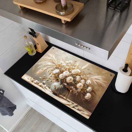 KitchenYeah® Protection plaque induction 77x51 cm - Fleurs - Bouquet - Fleurs sèches - Beige - Protege plaque de cuisson - Couvre plaque induction - Protecteur d'induction - Cuisine