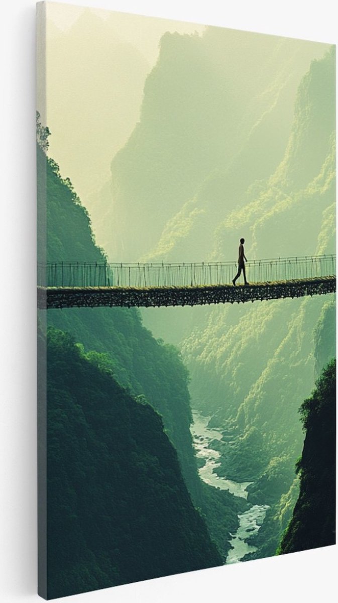 Saammp Canvas Schilderij - Touwbrug met persoon - Landschap - Natuur - 80x120 - Foto op canvas - Wanddecoratie - Muurdecoratie Woonkamer - Slaapkamer decoratie - Canvas Print Multicolor