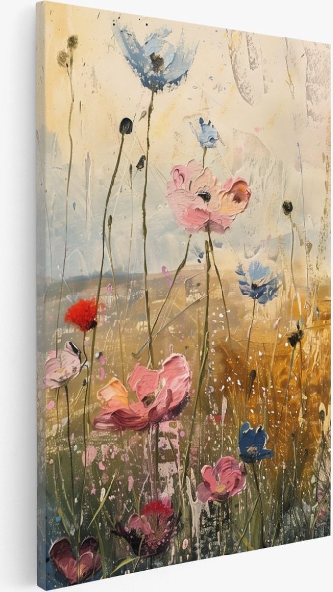 Saammp Canvas Schilderij - Kleurrijke bloemen - Vintage - Abstract - 60x90 - Foto op canvas - Wanddecoratie - Muurdecoratie Woonkamer - Kantoor Decoratie Multicolor