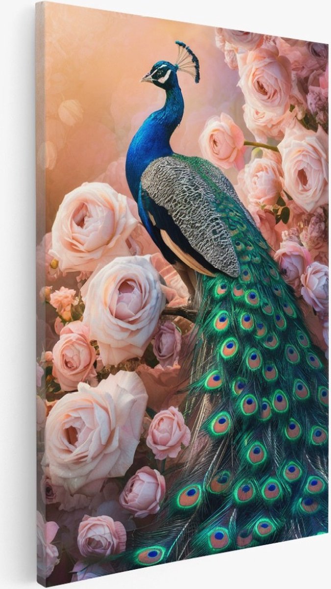 Saammp Canvas Schilderij - Pauw met roze rozen - Abstract - Dieren - 40x60 - Foto op canvas - Wanddecoratie - Muurdecoratie Woonkamer - Slaapkamer decoratie - Canvas Print Multicolor