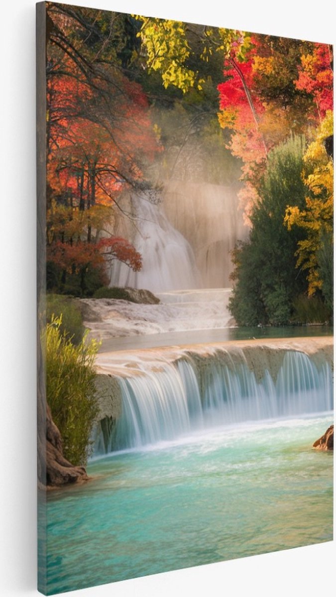 Saammp Canvas Schilderij - Waterval tussen de bomen - Landschap - Natuur - 50x70 - Foto op canvas - Wanddecoratie - Muurdecoratie Woonkamer - Slaapkamer decoratie - Canvas Print Multicolor