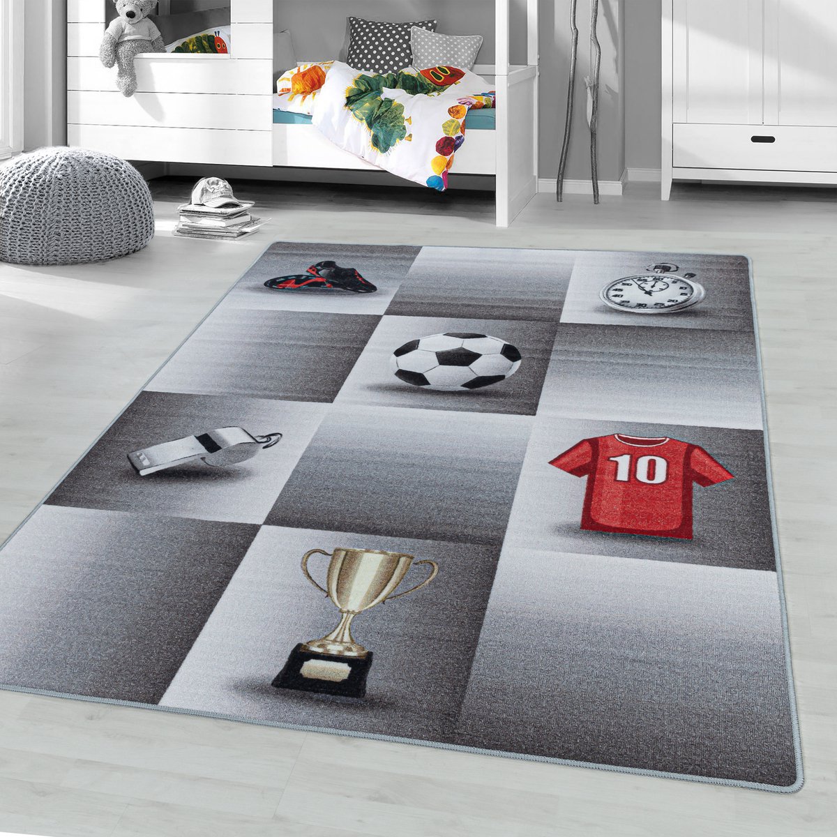Flycarpets Kindervloerkleed - Voetbal - Grijs 80x120 cm