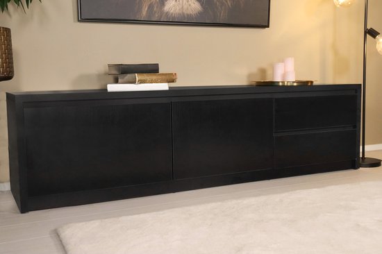 Tv meubel melamine Cassie zwart 200cm tv kast duurzaam mango massief hout tv-meubel