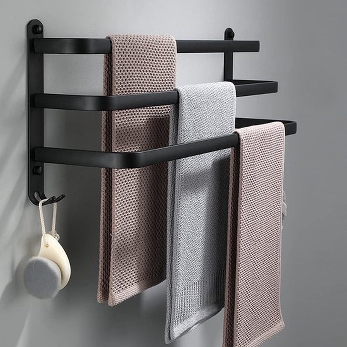 Handdoekhouder voor badkamer, 3 dieren, aluminium handdoekrek, wandmontage, 3 verdiepingen, handdoekstang met haken, 60 cm, zwart, waterdicht, roest, handdoekhouder, voor badkamer, keuken, handdoek