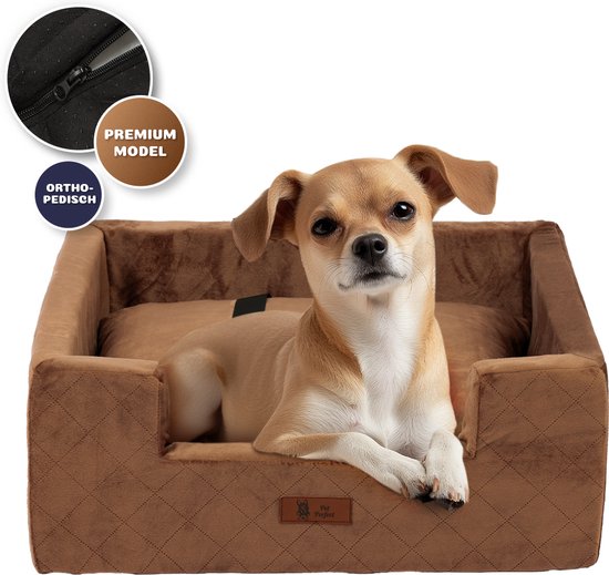 Pet Perfect Siège auto orthopédique pour chien – Panier de Luxe pour chien – Avec sangle de sécurité – Lavable – Marron – M