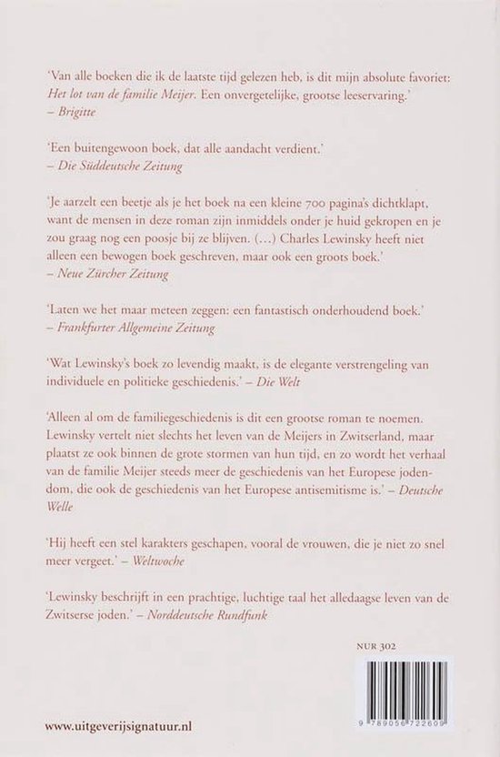 Boek met citaten over 'Het lot van de familie Meijer'. Achterkant met ISBN en website.
