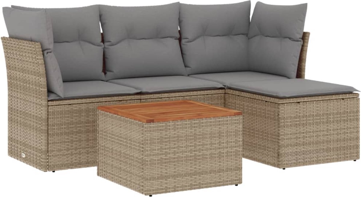 vidaXL 5-delige - Loungeset - met - kussens - poly - rattan - beige