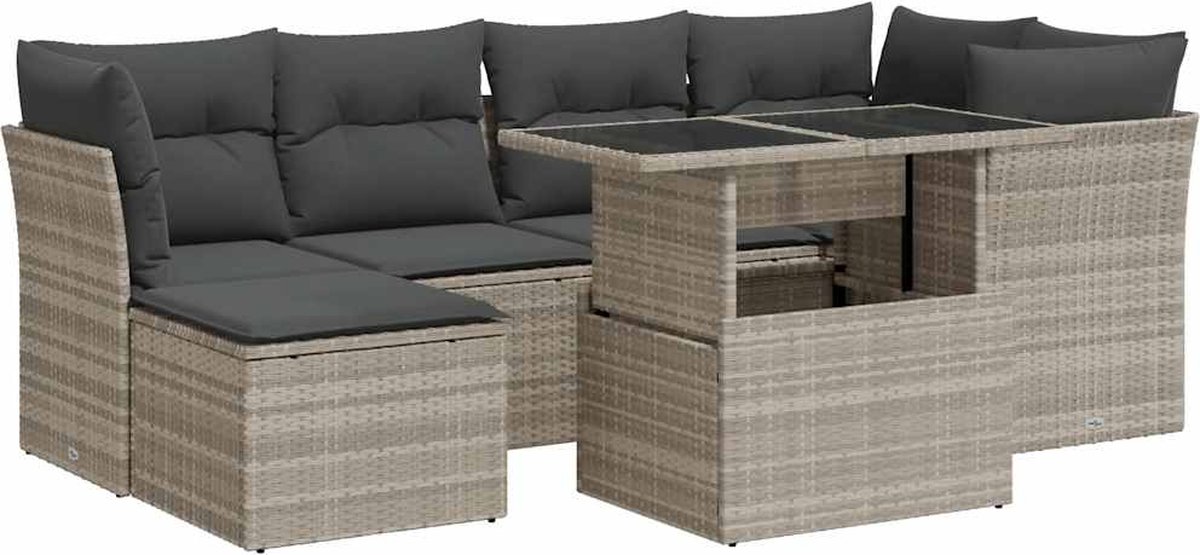 vidaXL 7-delige - Loungeset - met - kussens - poly - rattan - lichtgrijs