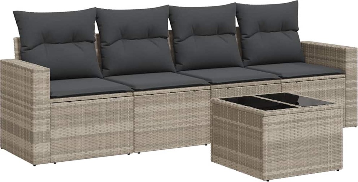 The Living Store 5-delige Loungeset met kussens poly rattan lichtgrijs - Loungebank - Lounge Set - Buitendiner - Tuinstoel - Loungestoel