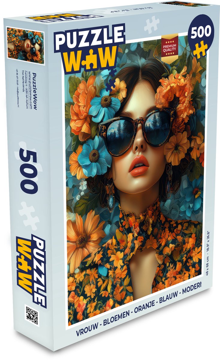 Puzzel Vrouw - Bloemen - Oranje - Blauw - Modern - Legpuzzel - Puzzel 500 stukjes