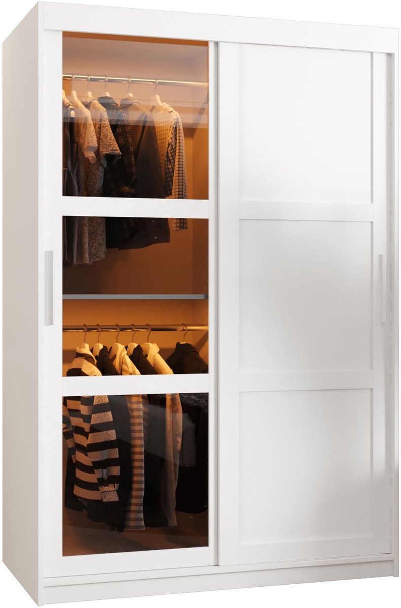 AJE Meubles B.V. Zweefdeurkast Kledingkast met 2 schuifdeuren glanzen Garderobekast slaapkamerkast Kledingstang met planken | elegante kledingkast - DEMO 3 (120 cm, Wit) met lades