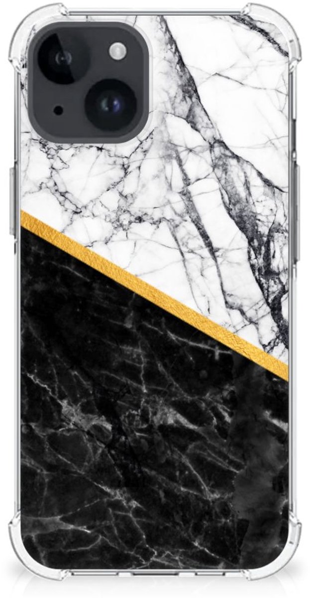 iPhone 15 Anti-Shock Hoesje Marmer Wit Zwart - Origineel Cadeau Man
