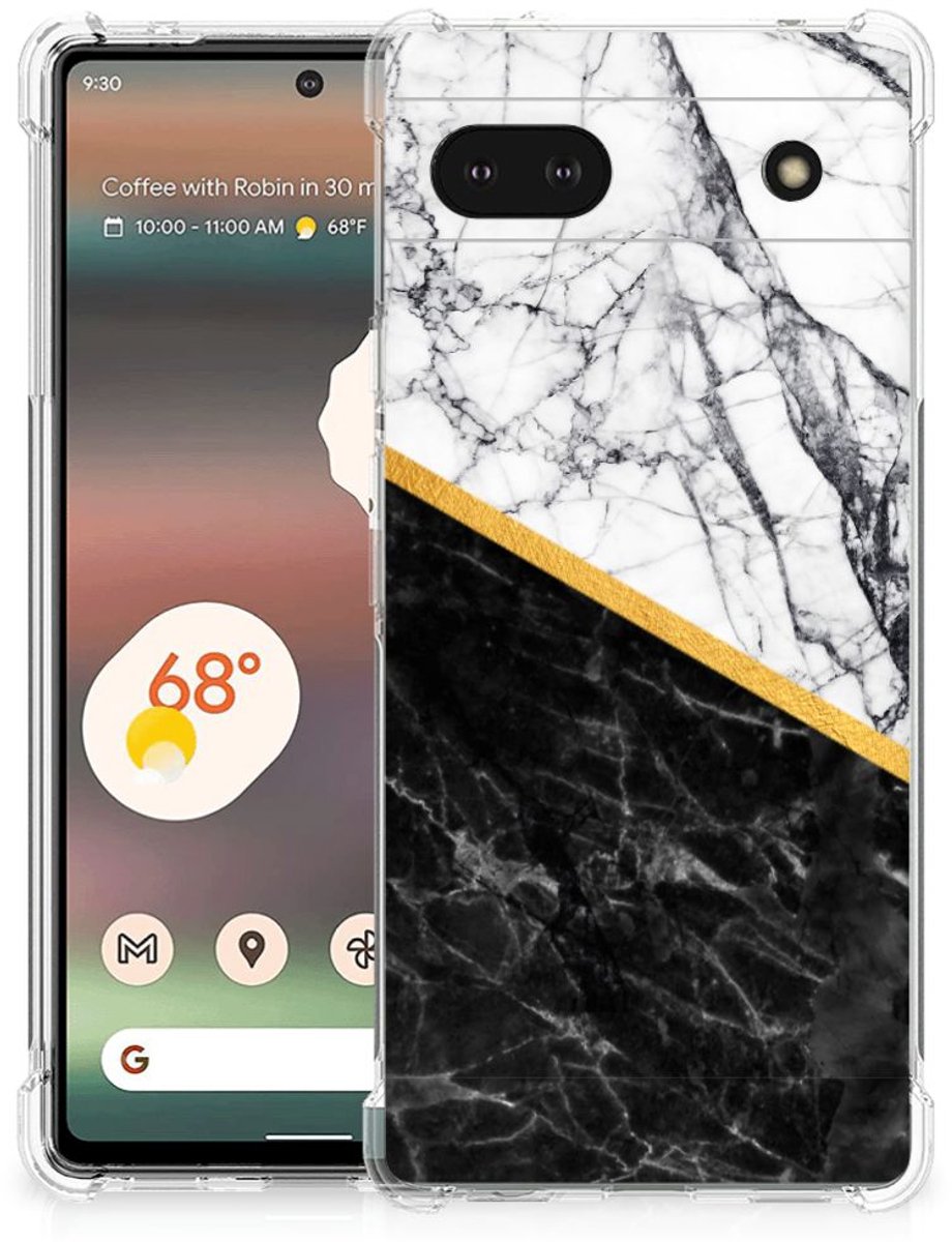 Google Pixel 6A Anti-Shock Hoesje Marmer Wit Zwart - Origineel Cadeau Man