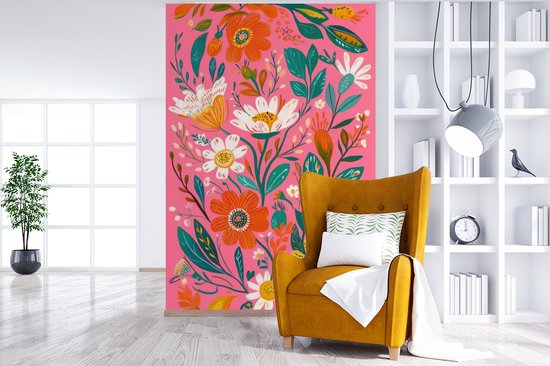 Behang - Fotobehang Roze - Bloemen - Wit - Oranje - Breedte 170 cm x hoogte 260 cm